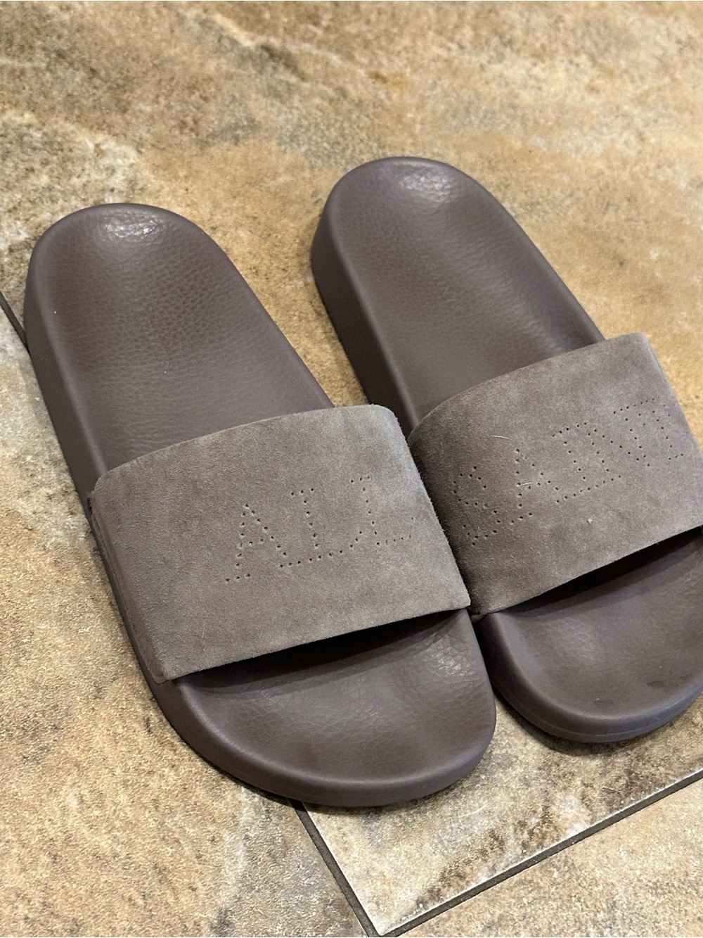 AllSaints Brown Suede Slide Sandals
